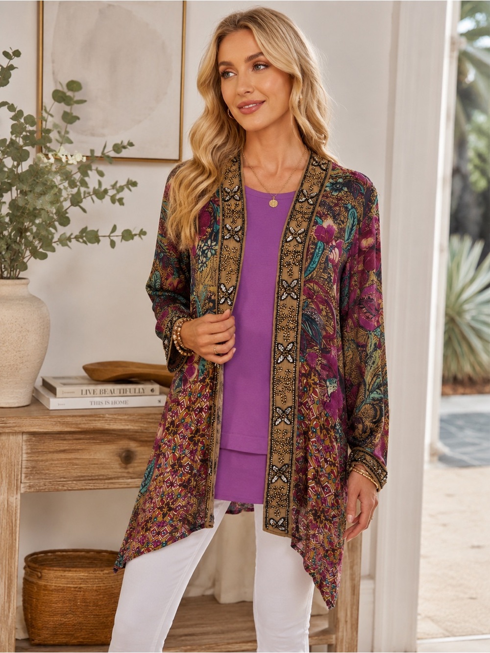 SOFT SURROUNDINGS Floral Beaded Ambrosia Topper Kimono Boho Fall Size XL